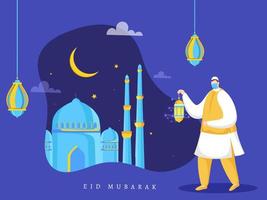 islamico Festival eid mubarak concetto con musulmano uomo Tenere lanterna, bellissimo moschea, mezzaluna Luna e illuminato lanterne su blu sfondo. vettore