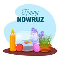 illustrazione di pesce rosso ciotola con sperma, mela, uova, illuminato candela e giacinto su astratto sfondo per contento Nowruz celebrazione. vettore