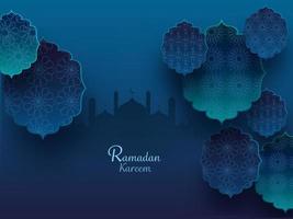 islamico santo mese di preghiere concetto con squisito floreale modello e moschea silhouette su alzavola blu sfondo. vettore