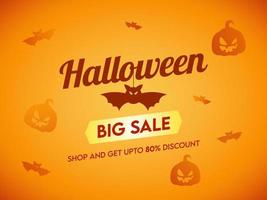 Halloween grande vendita bandiera design con sconto offerta, spaventoso zucche e volante pipistrelli su arancia sfondo. vettore