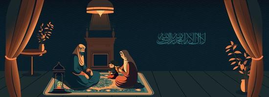 Arabo islamico calligrafia di desiderio Là è no uno degno di culto tranne Allah e Maometto e musulmano famiglia personaggi preghiere insieme a casa. vettore