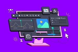 programma interfaccia per movimento progettista. Lavorando con video e animazione. App per designer. video clip la modifica. neobrutalismo concetto. vettore illustrazione nel brutale stile con lungo ombra. la creazione di vfx