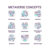 metaverso concetto icone impostare. tecnologia di virtuale la realtà sviluppo idea magro linea colore illustrazioni. isolato simboli. modificabile ictus vettore