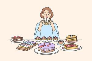 donna seduta a scrivania mangiare molti dolci e torte. infelice ragazza eccesso di cibo dolce cupcakes e zucchero cibo. golosità e eccesso di cibo. vettore illustrazione.