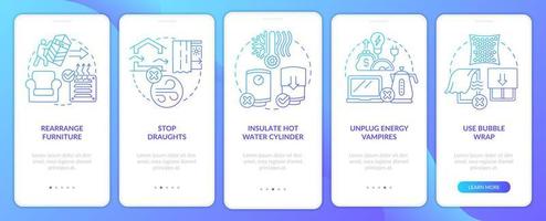 ridurre energia uso suggerimenti onboarding blu pendenza mobile App schermo. Procedura dettagliata 5 passaggi grafico Istruzioni con lineare concetti. ui, ux, gui modello vettore