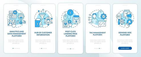 personalizzazione marketing utensili blu onboarding mobile App schermo. Procedura dettagliata 5 passaggi modificabile grafico Istruzioni con lineare concetti. ui, ux, gui modello vettore