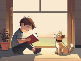 carino ragazzo personaggio lettura un' libro con adorabile cane seduta, pianta vaso su finestra sfondo. vettore