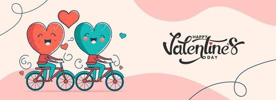 contento San Valentino giorno bandiera disegno, Due cuori personaggio equitazione su loro bicicletta al di sopra di pastello rosa sfondo. vettore