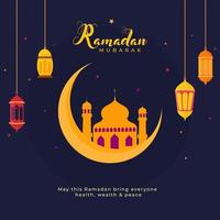 islamico santo mese di Ramadan concetto con sospeso illuminante lanterne, mezzaluna Luna e moschea su blu sfondo. vettore