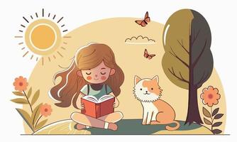 carino ragazza personaggio lettura libro con cartone animato gatto seduta, farfalle su sole natura sfondo. vettore
