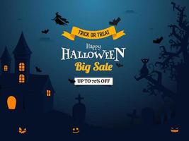contento Halloween grande vendita manifesto design con 70 sconto offrire e frequentato Casa su blu cimitero sfondo. vettore