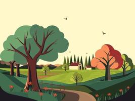 natura paesaggio sfondo con montagne, alberi, sentiero, volante uccelli e Villetta illustrazione. vettore