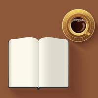 superiore Visualizza di Aperto libro con vuoto pagine, tè tazza elemento su Marrone sfondo. vettore