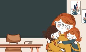 femmina insegnante personaggio abbracciare sua studenti nel aula interno Visualizza. vettore