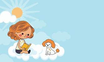 moderno ragazza personaggio lettura libro vicino cartone animato cane seduta, nuvole su soleggiato blu sfondo e copia spazio. vettore