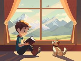 carino ragazzo personaggio lettura un' libro con adorabile cane su montagna paesaggio Visualizza attraverso finestra e tenda. vettore
