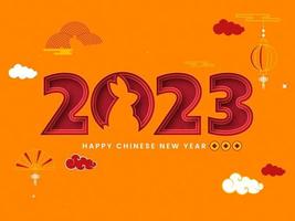 carta strato tagliare 2023 numero con coniglio, qing monete, nuvole su arancia sacro rombo geometrico modello sfondo per contento Cinese nuovo anno concetto. vettore