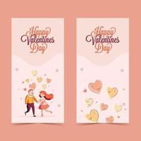 contento San Valentino giorno modello o standee bandiera collezione con giovane coppia personaggio e cuore palloncini. vettore