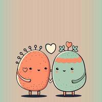 carino portafortuna Patata coppia personaggio con cuori su pastello verde e rosso sfondo. amore o San Valentino giorno concetto. vettore