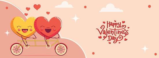 contento San Valentino giorno bandiera design con allegro cuore coppia personaggio equitazione su tandem bicicletta contro pesca sfondo. vettore