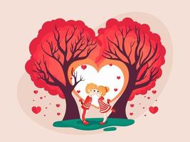 carino bambini coppia baci ogni altro sotto il alberi per San Valentino giorno concetto. vettore