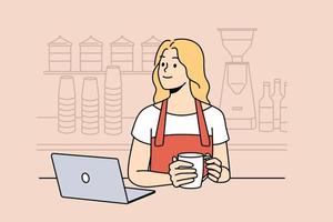 sorridente cameriera nel grembiule bevanda caffè a rompere nel bar. contento donne caffè negozio proprietario godere bevanda nel proprio caffè. vettore illustrazione.