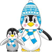 carino cartone animato pinguino nel lanoso cappello e sciarpa con bambino illustrazione vettore
