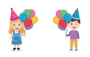 bambini con colorato palloncini festeggiare un' compleanno festa vettore illustrazione
