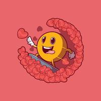 un emoji personaggio fare surf un' onda di cuori vettore illustrazione. amore, divertente, gli sport design concetto.