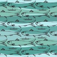 Vector seamless pattern di sardine portoghesi su sfondo blu stripp. immagine divertente da stampare su tessuti, cartoline, pubblicità, t-shirt.