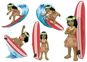 impostato di cartone animato bellissimo hawaiano surfer ragazza vettore