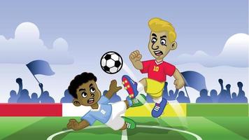 cartone animato calcio bambini giocando calcio gioco nel il campo vettore