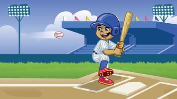 cartone animato baseball giocatore giocando nel il stadio vettore