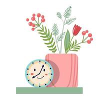 mensola con fiori nel un' vaso e un' orologio vettore