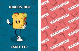 contento di moda carattere. Groovy Sandwich. cibo senza soluzione di continuità modello nel retrò stile. vettore illustrazione nel hippie 50s stile