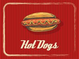 Vintage ▾ bandiera con un' caldo cane. schizzo, incisione. vettore disegnato a mano cibo per menù, pubblicità o confezione.