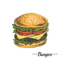 disegnato a mano colorato schizzo di grande delizioso Sandwich, hamburger, Hamburger isolato su bianca sfondo. veloce cibo Vintage ▾ illustrazione. grande per menù, manifesto o ristorante sfondo. vettore
