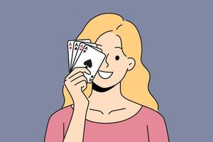 sorridente donna in posa con carte nel mani. contento femmina giocatore mostrare poker carte gioco d'azzardo o giocando nel casinò. vettore illustrazione.