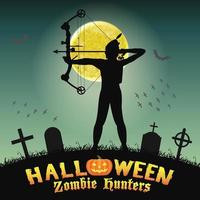 cacciatore di zombie arciere di Halloween nel cimitero di notte vettore