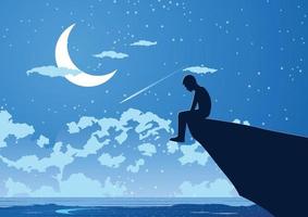 disegno della siluetta del giovane solitario nella notte silenziosa al culmine della scogliera vettore