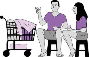 uomo e donna seduta su sedie con shopping carrello. vettore illustrazione