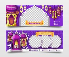 viola Ramadan banner con mano disegnato lanterne illustrazione e Immagine spazio vettore