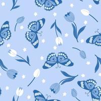 senza soluzione di continuità modello con farfalle e fiori nel blu colori. vettore grafica.