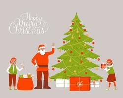 Babbo Natale vicino all'albero di Natale con doni ed elfi vettore