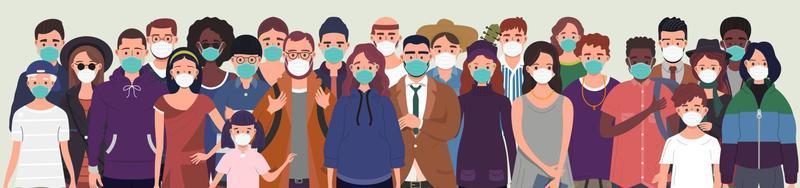 gruppo di persone indossare protettivo medico maschere per protezione a partire dal virus. prevenzione e sicurezza procedure concetto. piatto stile vettore illustrazione