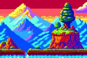 paesaggio 8 bit pixel arte. estate naturale paesaggio montagna scenario portico video gioco sfondo vettore