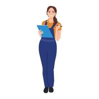 giovane donna nel blu tuta da lavoro. donna idraulico Tenere penna e appunti in piedi e scrittura soluzioni vettore