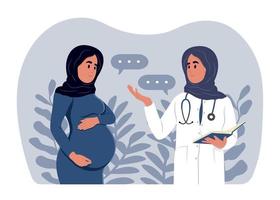 musulmano donna aspettandosi un' bambino visite il medici ufficio, visita medica durante gravidanza. un' incinta donna è parlando per un ostetrico ginecologo. vettore