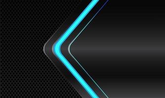 linea blu astratta luce al neon freccia direzione su grigio scuro metallizzato con cerchio nero modello mesh spazio vuoto design moderno tecnologia futuristica sfondo illustrazione vettoriale. vettore
