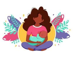 concetto di allattamento al seno. donna nera che allatta un bambino con il seno su sfondo di foglie. illustrazione vettoriale in stile piatto.